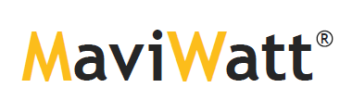 Logo de MaviWatt avec texte en noir et jaune, suivi du symbole de marque déposée.